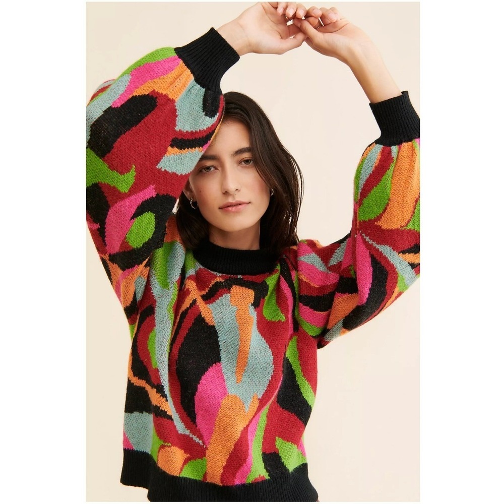 Farm Rio The Dance Sweater Small Multicolor Abstract Knit Puff Sleeve Retro Art